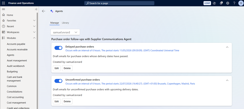 écran de paramétrage de Supplier Communication agent