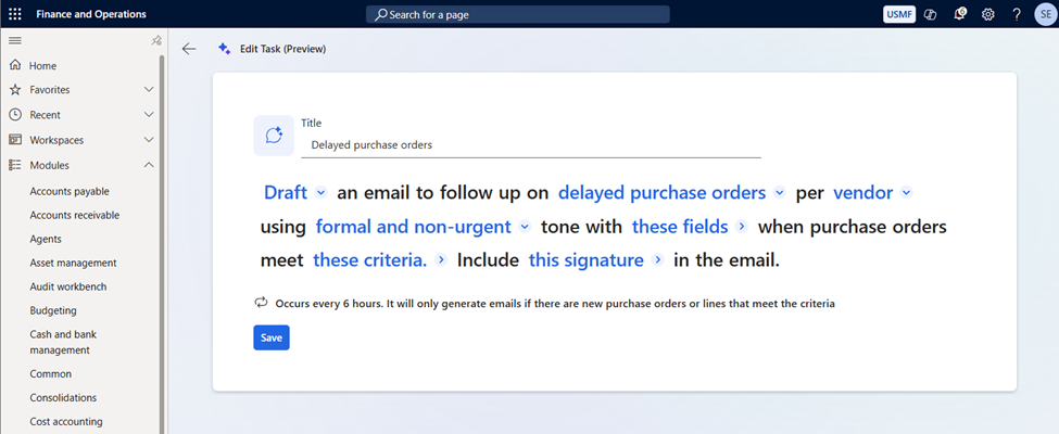Ecran d'édition du paramétrage de Supplier Communication Agent - Delayed Purchase Order (commandes en retard)
