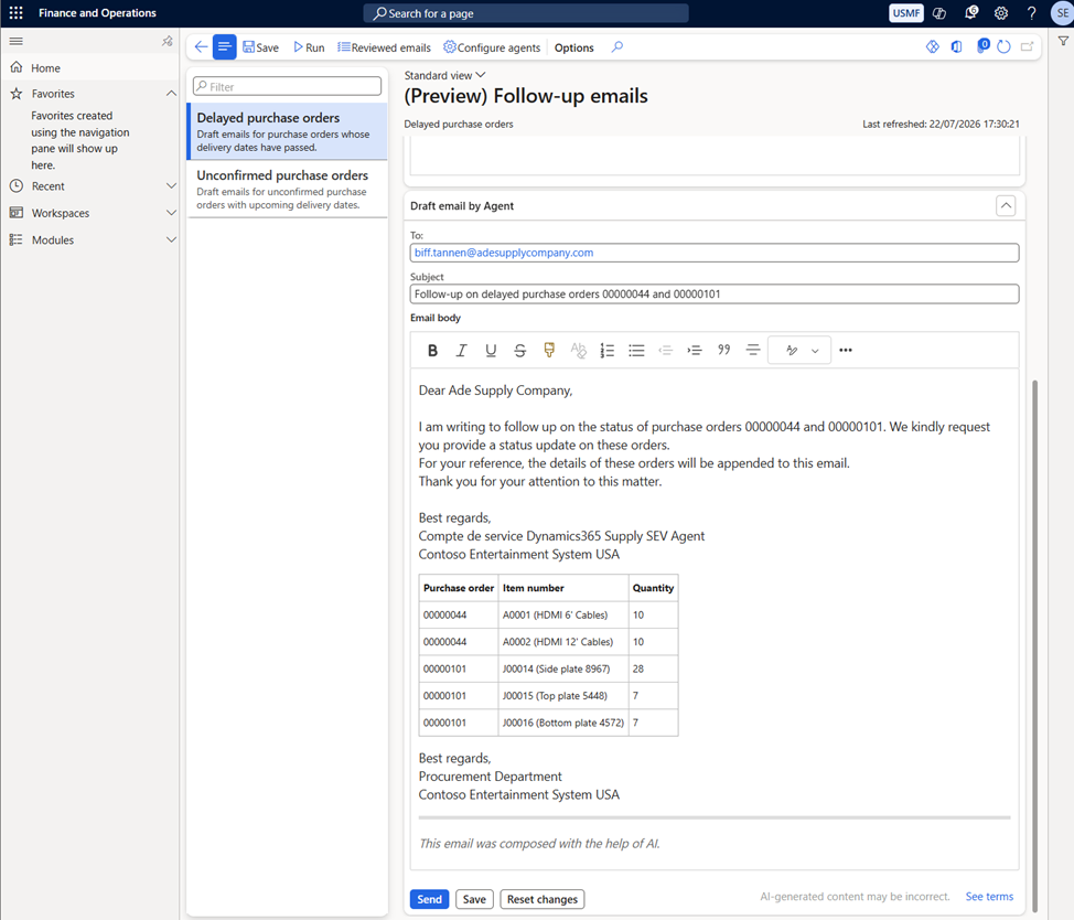 Supplier Communication Agent D365 F&O - Proposition d'email à envoyer à un fournisseur