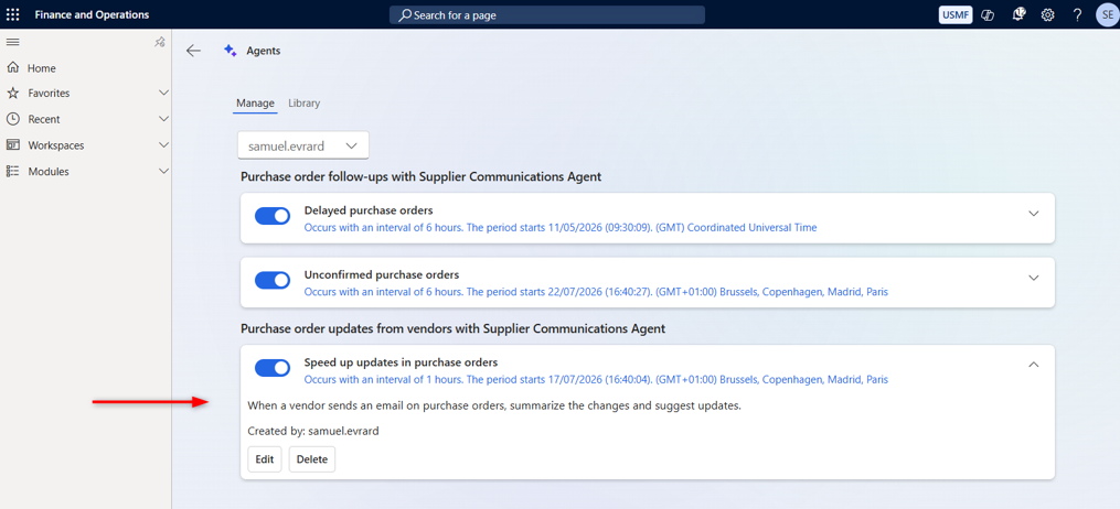 Supplier Communication Agent D365 F&O - Analyse des emails fournisseurs - écran de paramétrage
