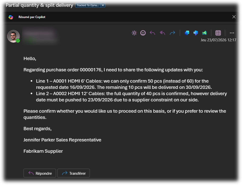 Scenario d'email dans lequel une commerciale d'un fournisseur partage des updates sur la disponibilité de certaines pièces.