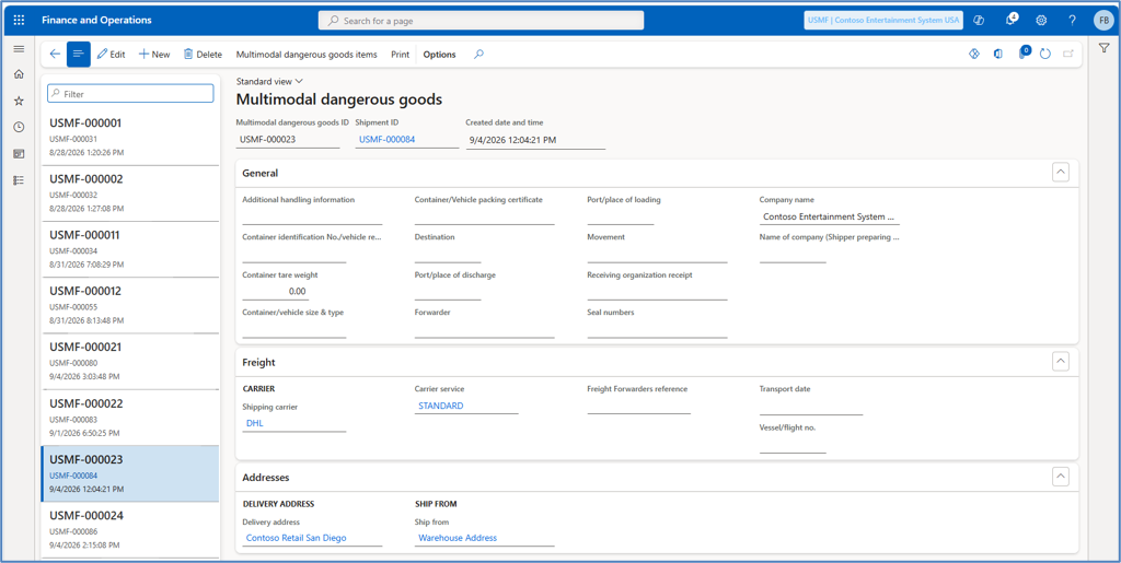 standard view multimodal dangerous goods D365 microsoft