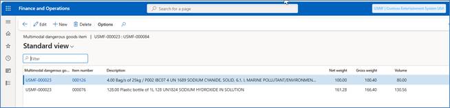 multimodal dangerous goods item inD365 microsoft - standard view